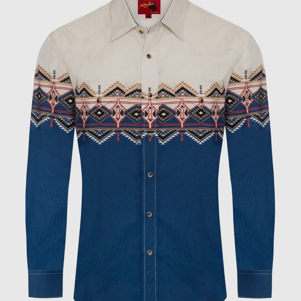 New Men's Western Snap Button Blue and Cream Aztec Patterned Shirt M-2XL